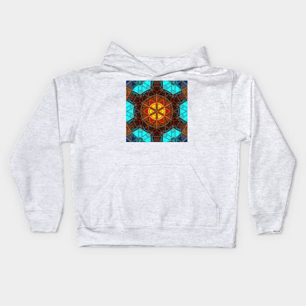 Mosaic Kaleidoscope Flower Blue Orange and Yellow Kids Hoodie by WormholeOrbital